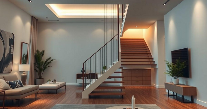 Escada reta na sala: como escolher e integrar com estilo na sua decoração